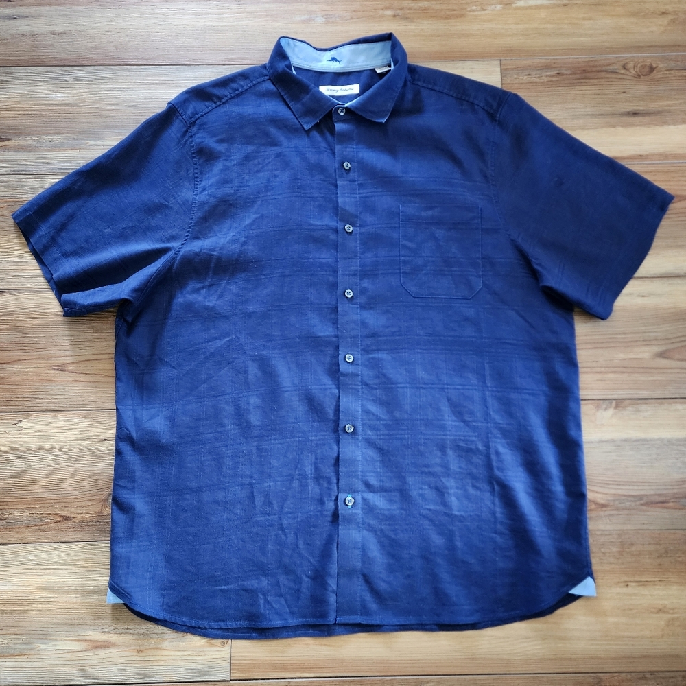 Tommy Bahama Camp Shirt Mens XXL Blue Plaid Linen Short Sleeve